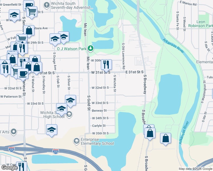 map of restaurants, bars, coffee shops, grocery stores, and more near 313 West 32nd Street South in Wichita