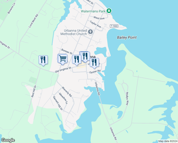 map of restaurants, bars, coffee shops, grocery stores, and more near 31 Cross Street in Urbanna