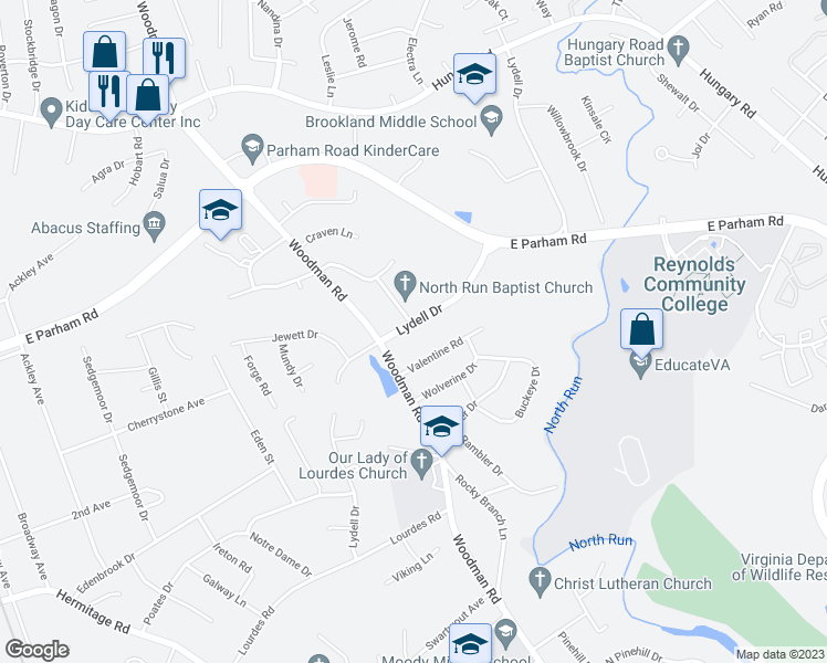 map of restaurants, bars, coffee shops, grocery stores, and more near 2201 Lydell Drive in Richmond