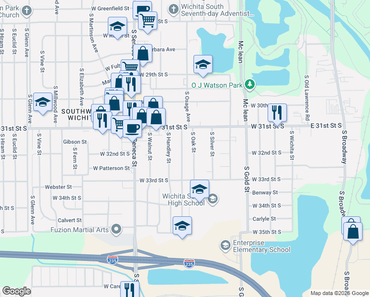 map of restaurants, bars, coffee shops, grocery stores, and more near 3301 South Osage Avenue in Wichita