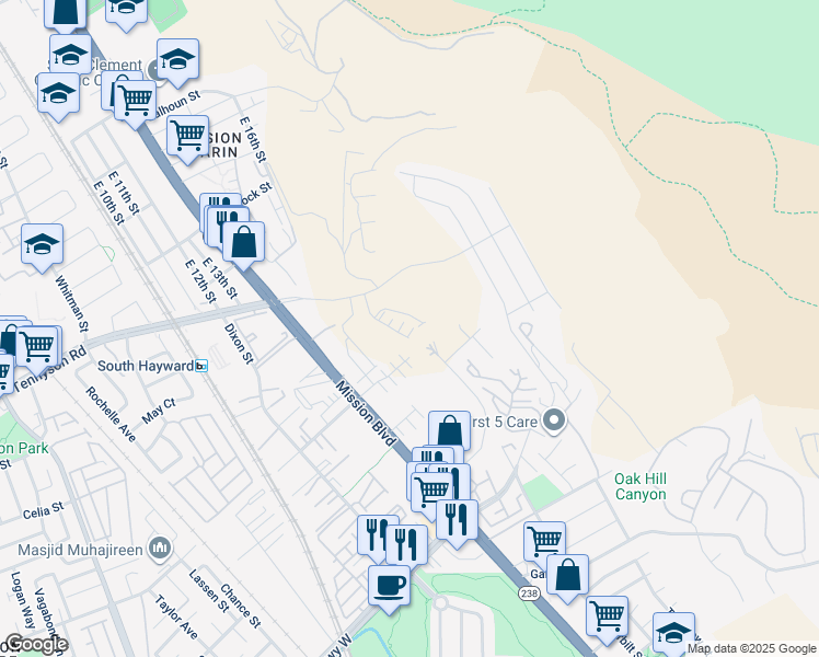 map of restaurants, bars, coffee shops, grocery stores, and more near 850 Heaven Court in Hayward