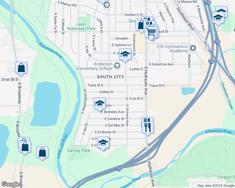 map of restaurants, bars, coffee shops, grocery stores, and more near 1325 Gidley Street in Wichita