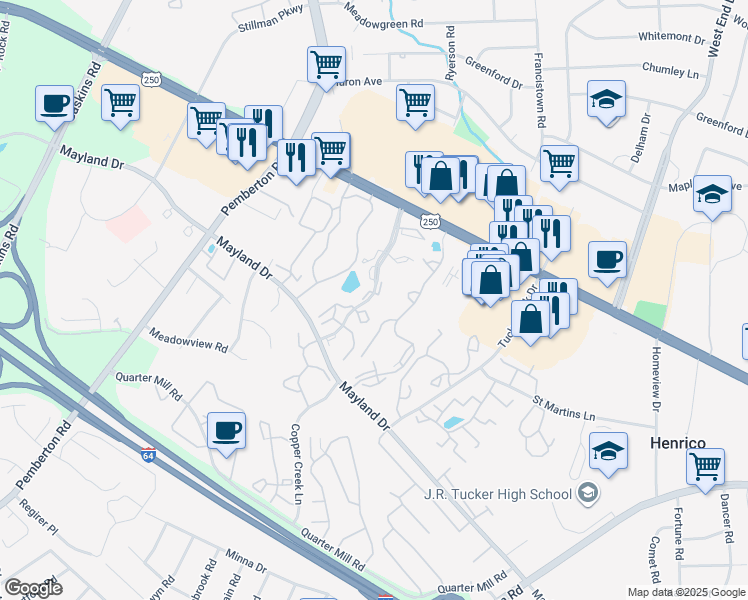 map of restaurants, bars, coffee shops, grocery stores, and more near 9317-9319 Windy Cove Circle in Henrico