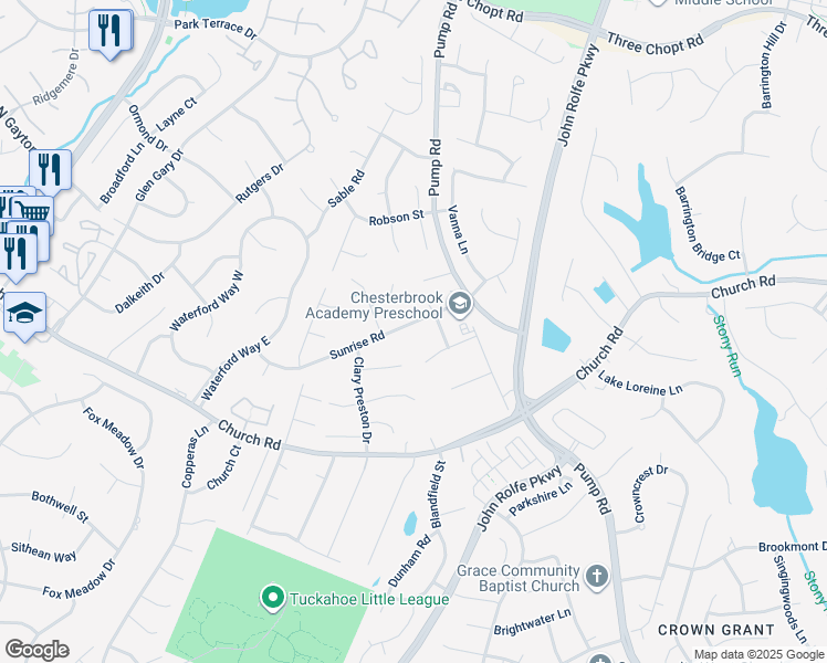 map of restaurants, bars, coffee shops, grocery stores, and more near 11905 Sunrise Road in Henrico