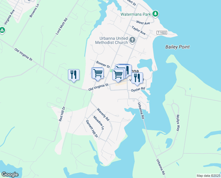 map of restaurants, bars, coffee shops, grocery stores, and more near 261 Prince George Street in Urbanna
