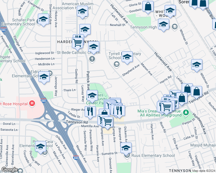 map of restaurants, bars, coffee shops, grocery stores, and more near 926 Cheryl Ann Circle in Hayward