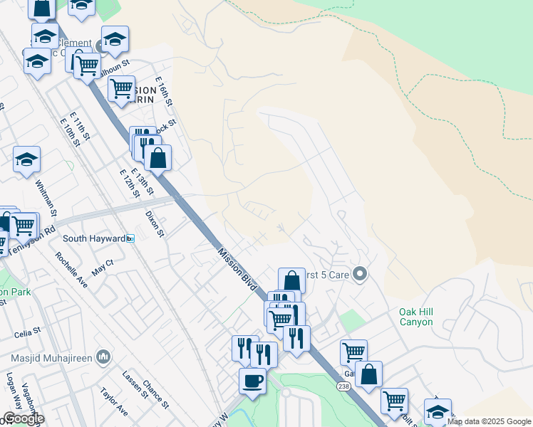 map of restaurants, bars, coffee shops, grocery stores, and more near 850 Heaven Court in Hayward