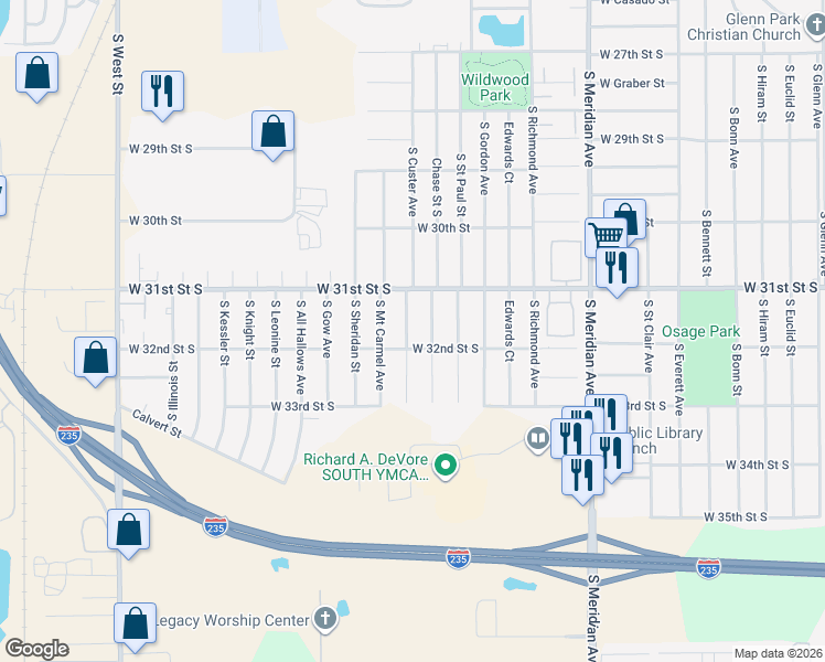 map of restaurants, bars, coffee shops, grocery stores, and more near 3001-3099 West 32nd Street South in Wichita
