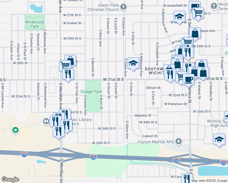 map of restaurants, bars, coffee shops, grocery stores, and more near 3304 South Hiram Street in Wichita