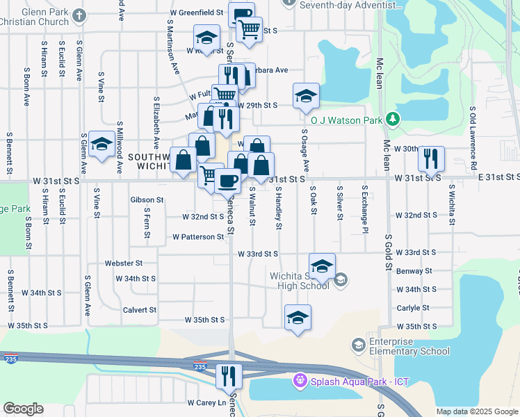 map of restaurants, bars, coffee shops, grocery stores, and more near 3301 South Walnut Street in Wichita