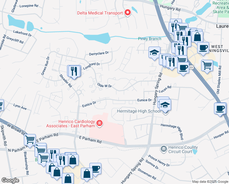 map of restaurants, bars, coffee shops, grocery stores, and more near 5618 Eunice Drive in Richmond