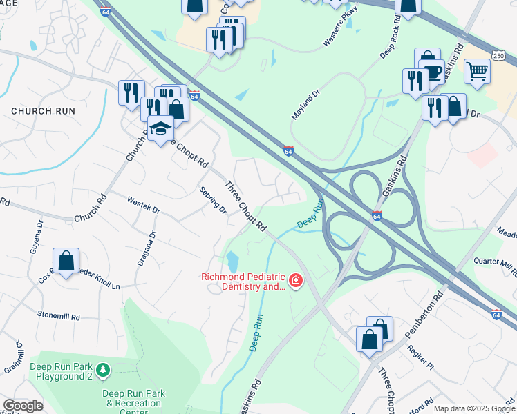 map of restaurants, bars, coffee shops, grocery stores, and more near 10601 Barbara Lane in Richmond