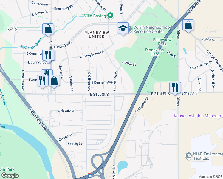 map of restaurants, bars, coffee shops, grocery stores, and more near 3689-3999 E 31st Street South in Wichita