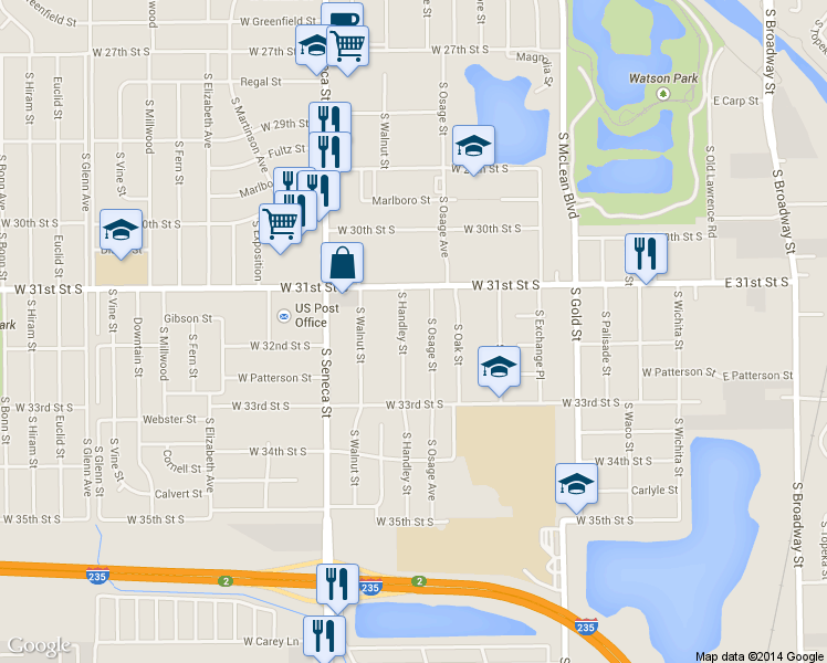 map of restaurants, bars, coffee shops, grocery stores, and more near 3301 South Osage Avenue in Wichita