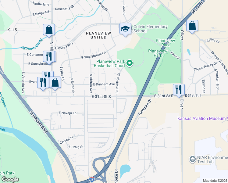 map of restaurants, bars, coffee shops, grocery stores, and more near 3689-3999 E 31st Street South in Wichita