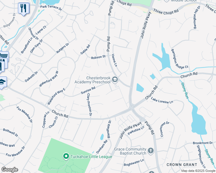 map of restaurants, bars, coffee shops, grocery stores, and more near 11905 Sunrise Road in Henrico