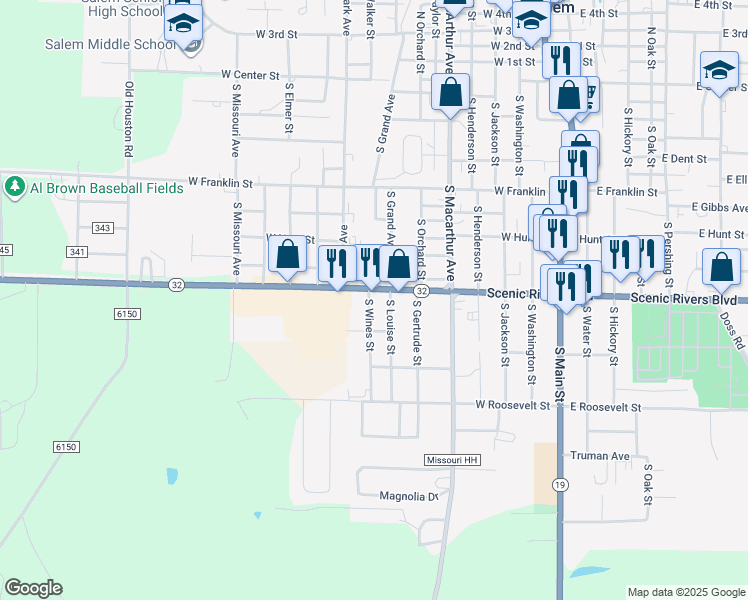 map of restaurants, bars, coffee shops, grocery stores, and more near 803 Missouri 32 in Salem