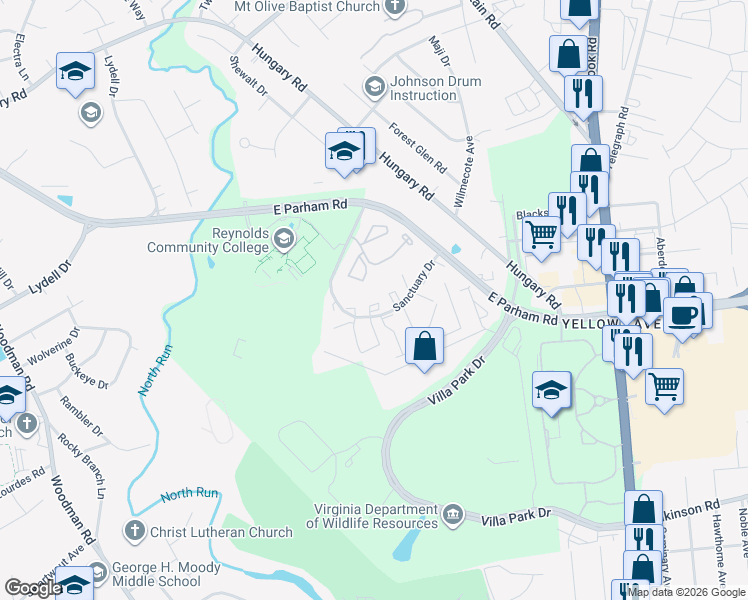 map of restaurants, bars, coffee shops, grocery stores, and more near 1521 Harpers Ferry Court in Richmond