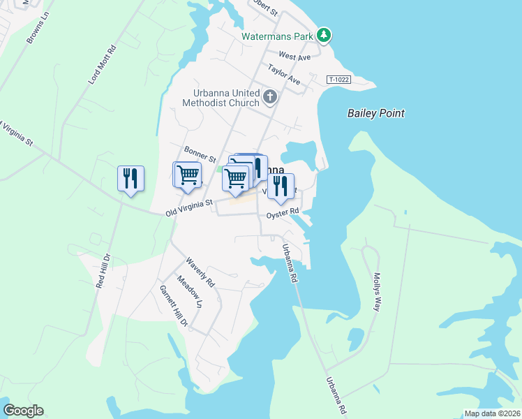 map of restaurants, bars, coffee shops, grocery stores, and more near 20 Cross Street in Urbanna