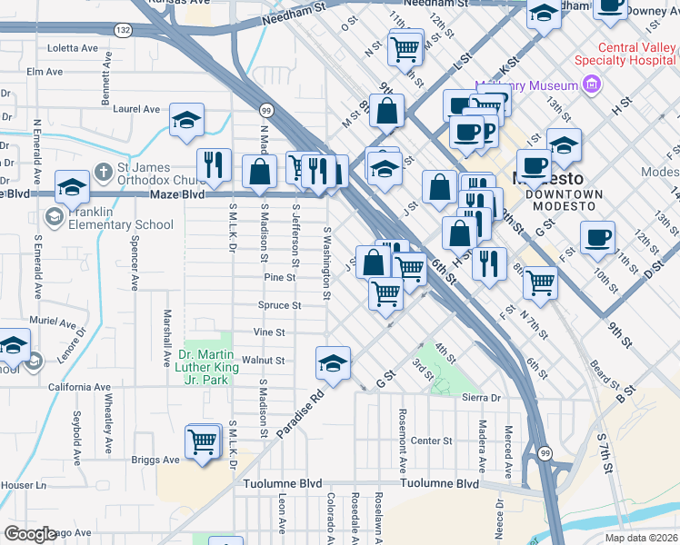 map of restaurants, bars, coffee shops, grocery stores, and more near 919 3rd Street in Modesto