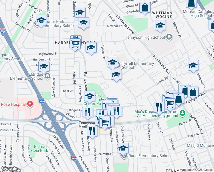 map of restaurants, bars, coffee shops, grocery stores, and more near 27350 Tampa Avenue in Hayward
