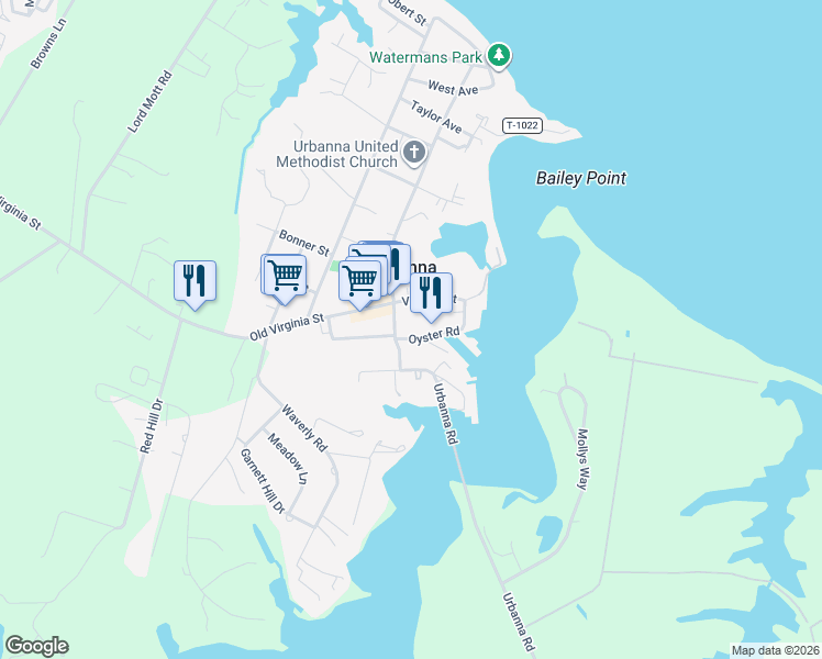 map of restaurants, bars, coffee shops, grocery stores, and more near 1 Waterfront Street in Urbanna