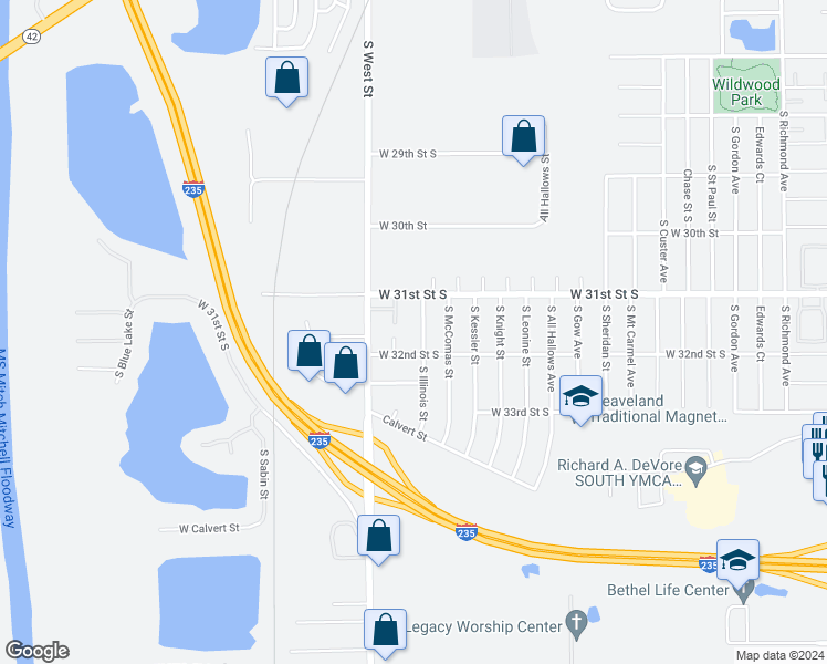 map of restaurants, bars, coffee shops, grocery stores, and more near 3909-3915 W 32nd St S in Wichita
