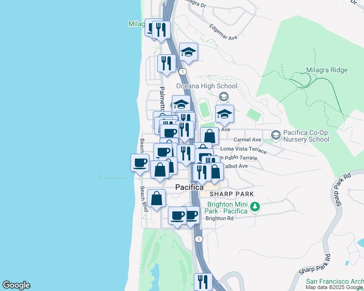 map of restaurants, bars, coffee shops, grocery stores, and more near 174 Carmel Avenue in Pacifica