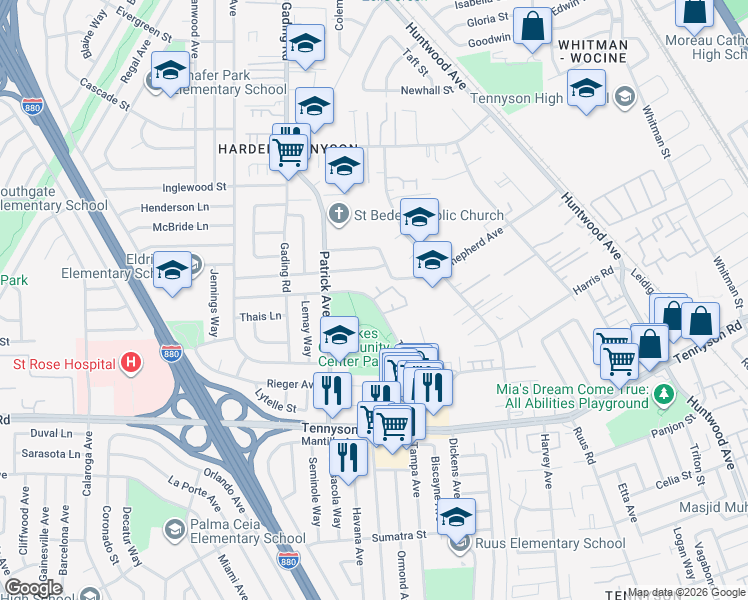 map of restaurants, bars, coffee shops, grocery stores, and more near 926 Cheryl Ann Circle in Hayward