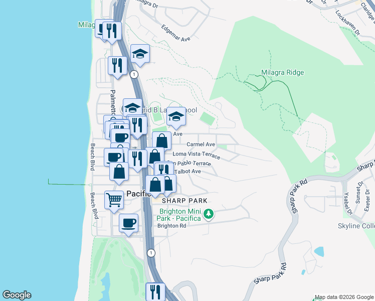 map of restaurants, bars, coffee shops, grocery stores, and more near 457 San Pablo Terrace in Pacifica