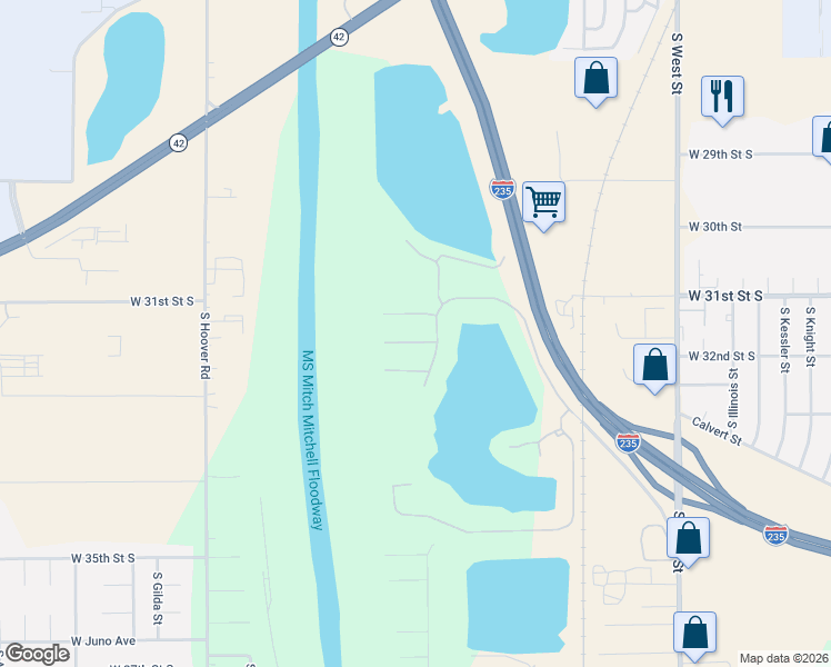map of restaurants, bars, coffee shops, grocery stores, and more near 3218 South Blue Lake Street in Wichita