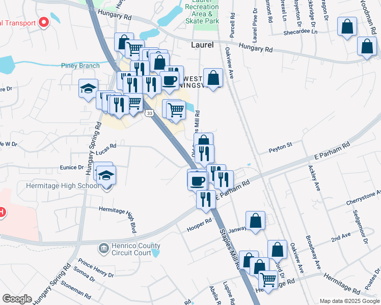 map of restaurants, bars, coffee shops, grocery stores, and more near 9000 Old Staples Mill Road in Henrico
