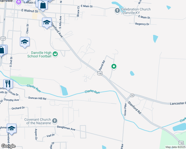 map of restaurants, bars, coffee shops, grocery stores, and more near McClure Drive in Danville