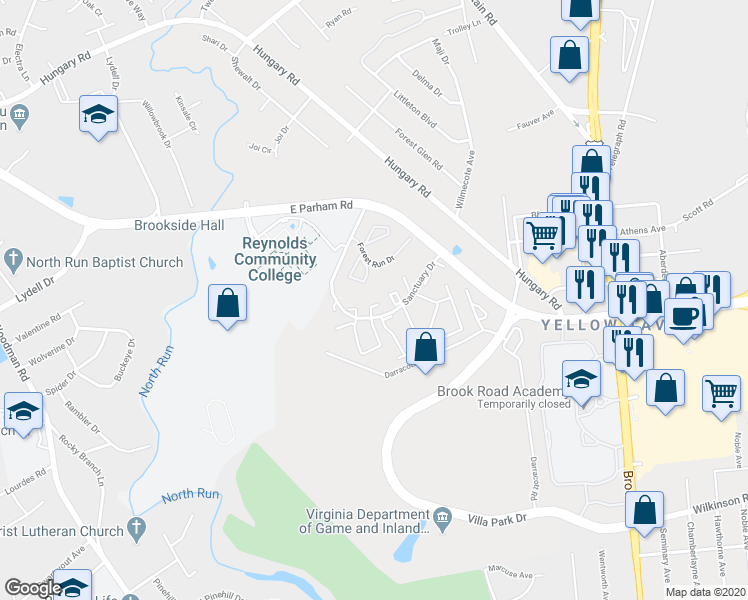 map of restaurants, bars, coffee shops, grocery stores, and more near 1541 Harpers Ferry Court in Henrico