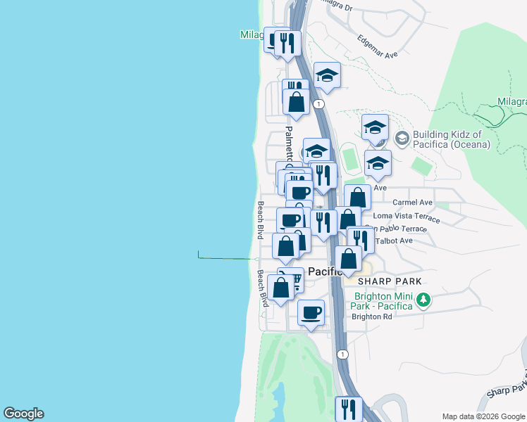 map of restaurants, bars, coffee shops, grocery stores, and more near 2 Carmel Avenue in Pacifica