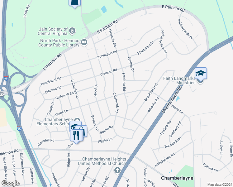 map of restaurants, bars, coffee shops, grocery stores, and more near 8301 Colebrook Road in Richmond
