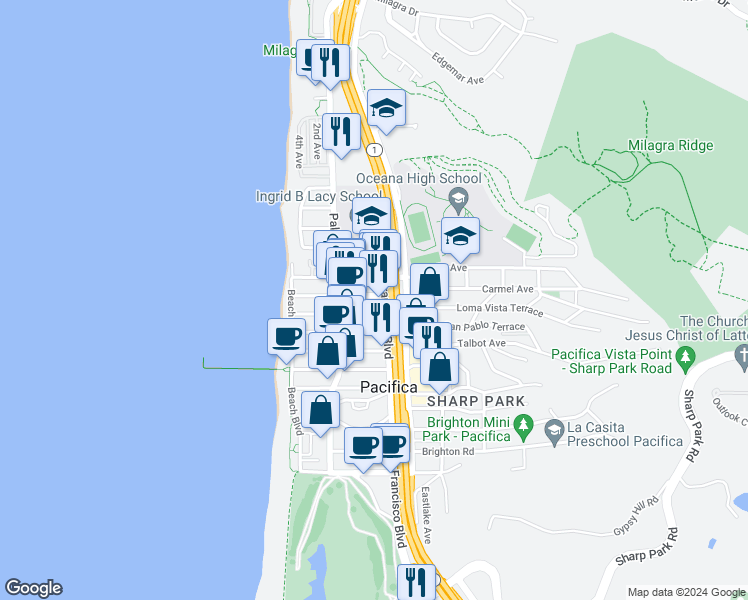 map of restaurants, bars, coffee shops, grocery stores, and more near 174 Carmel Avenue in Pacifica