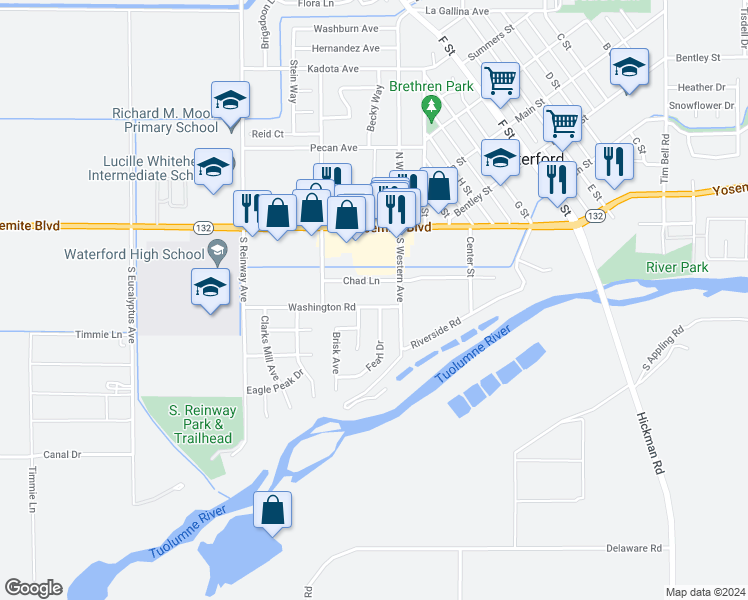 map of restaurants, bars, coffee shops, grocery stores, and more near 12155 Washington Road in Waterford