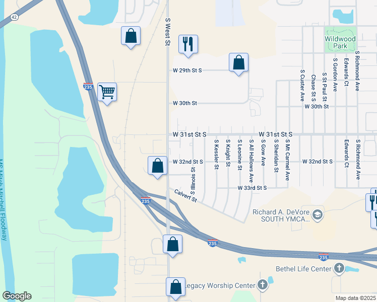 map of restaurants, bars, coffee shops, grocery stores, and more near 3209 South Illinois Street in Wichita