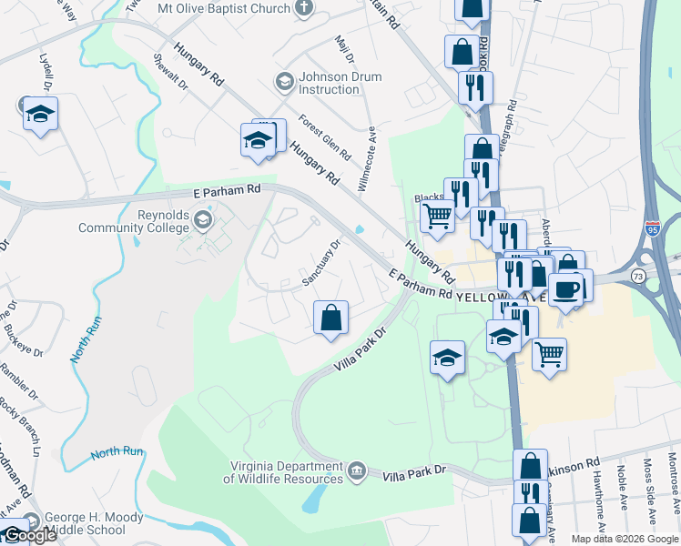 map of restaurants, bars, coffee shops, grocery stores, and more near 8010 Sanctuary Drive in Henrico