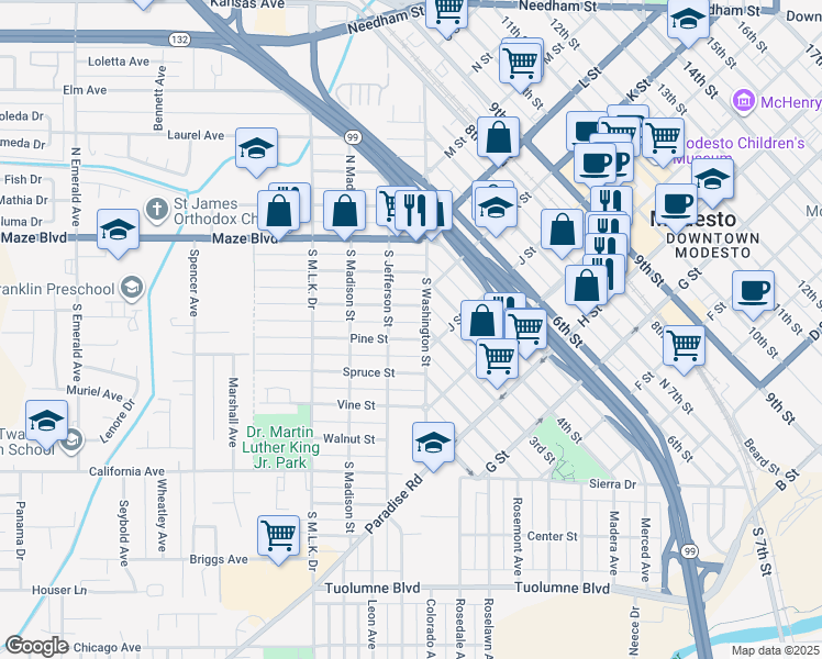 map of restaurants, bars, coffee shops, grocery stores, and more near 112 Oak Street in Modesto