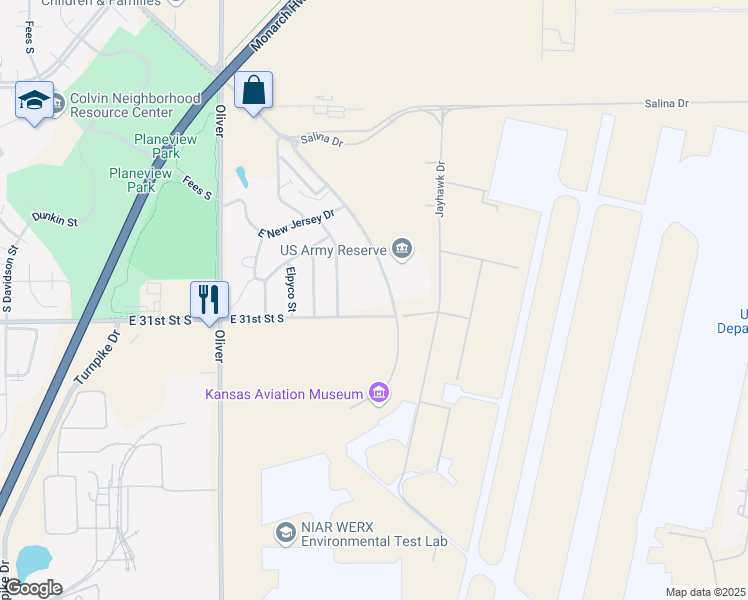 map of restaurants, bars, coffee shops, grocery stores, and more near 3121 George Washington Boulevard in Wichita