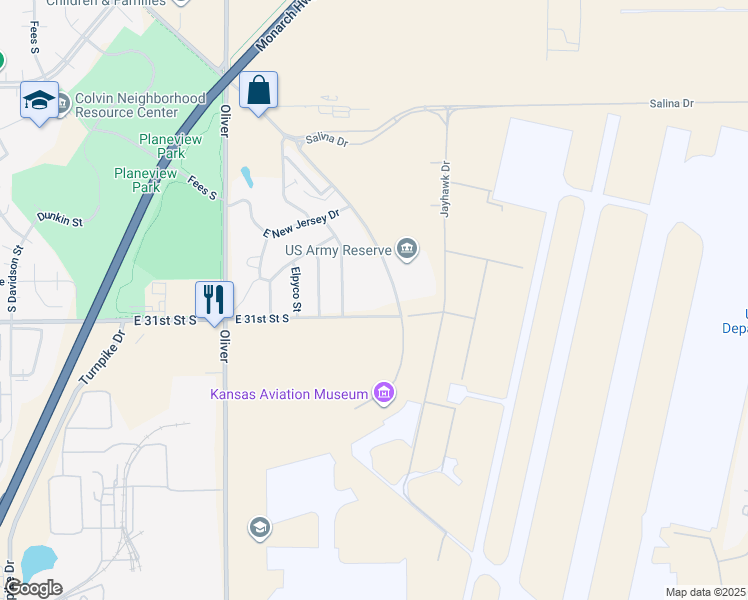 map of restaurants, bars, coffee shops, grocery stores, and more near 3121 George Washington Boulevard in Wichita