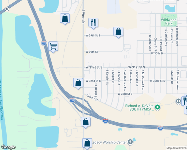 map of restaurants, bars, coffee shops, grocery stores, and more near 3209 South Illinois Street in Wichita