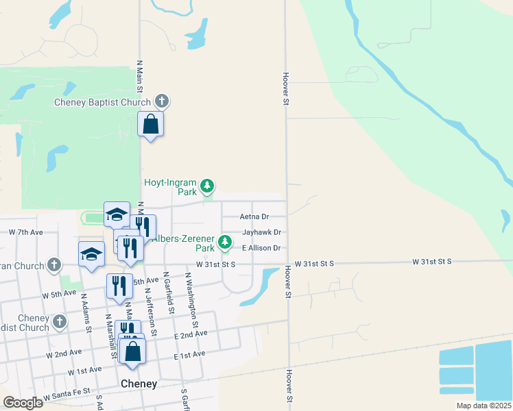 map of restaurants, bars, coffee shops, grocery stores, and more near 640 Shadybrook Drive in Cheney