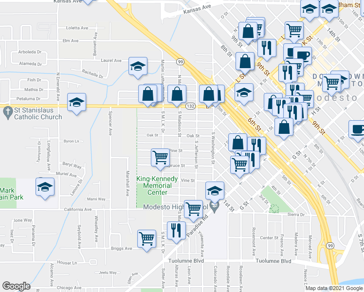 map of restaurants, bars, coffee shops, grocery stores, and more near 228 Pine Street in Modesto