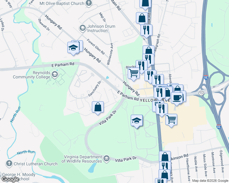 map of restaurants, bars, coffee shops, grocery stores, and more near 1360 East Parham Road in Richmond