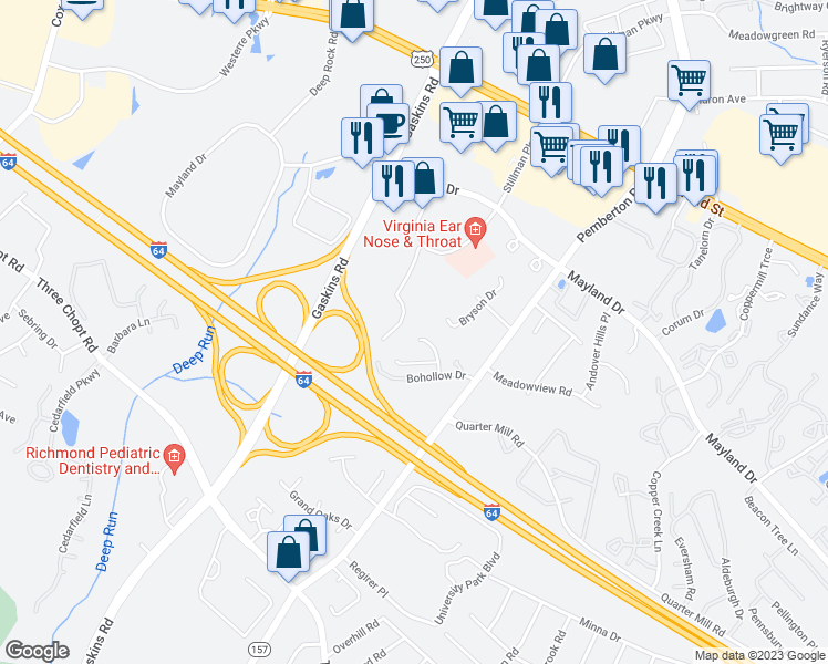 map of restaurants, bars, coffee shops, grocery stores, and more near 9833 Pemberton Creek Drive in Richmond