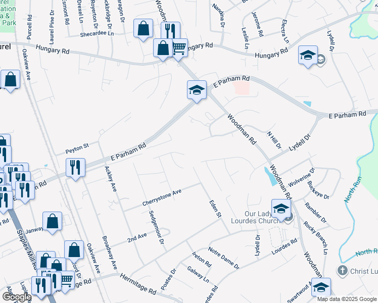 map of restaurants, bars, coffee shops, grocery stores, and more near 3964 Trickling Brook Drive in Richmond