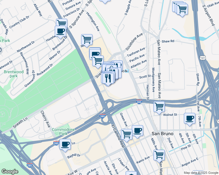 map of restaurants, bars, coffee shops, grocery stores, and more near 1150 El Camino Real in San Bruno